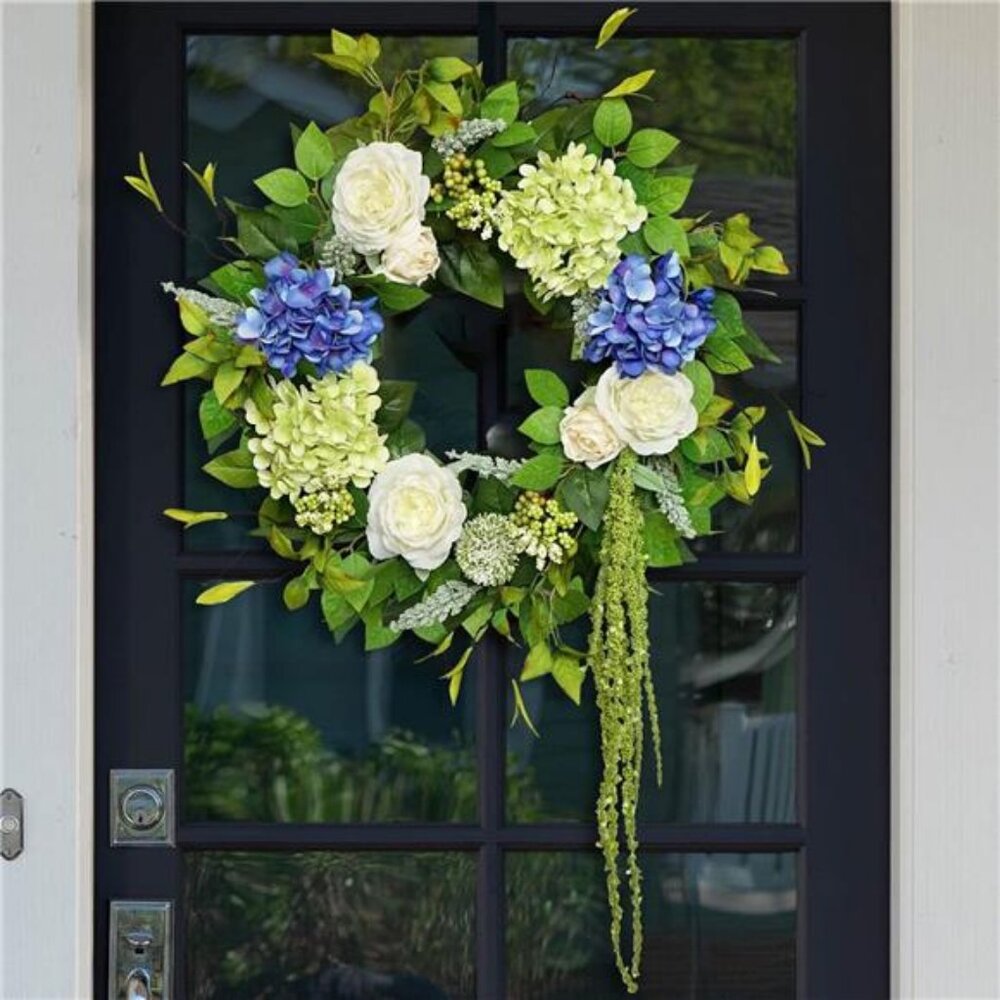 23 Inch Summer Wreaths for Front Door, Soomeir Blue and Green Hydrangea Flower